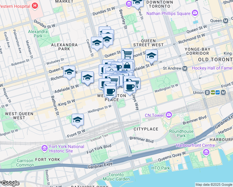 map of restaurants, bars, coffee shops, grocery stores, and more near 6 Clarence Square in Toronto