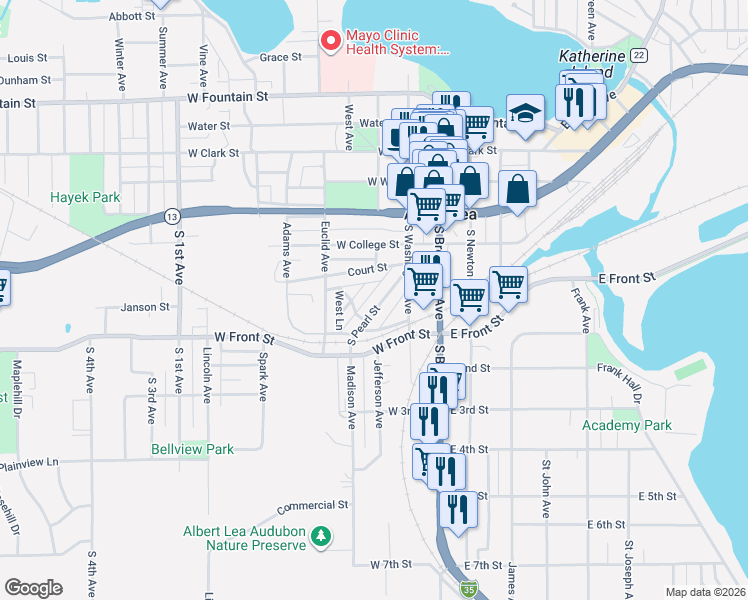 map of restaurants, bars, coffee shops, grocery stores, and more near 509 Triangle Drive in Albert Lea