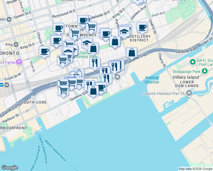 map of restaurants, bars, coffee shops, grocery stores, and more near 15 Merchants' Wharf in Toronto
