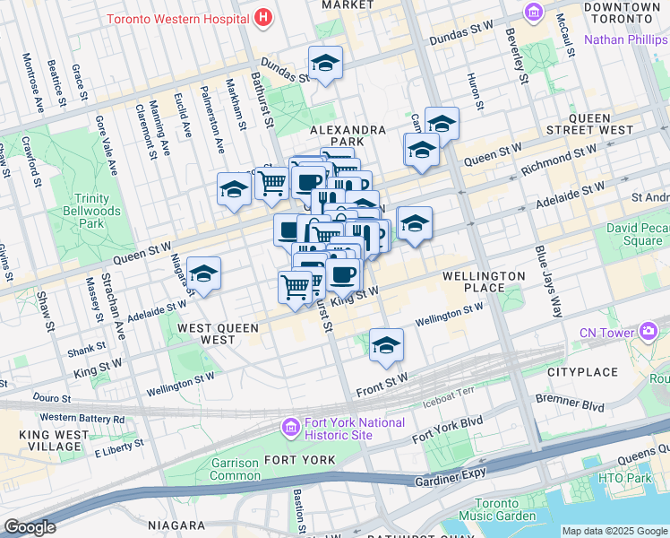 map of restaurants, bars, coffee shops, grocery stores, and more near 525 Adelaide Street West in Toronto