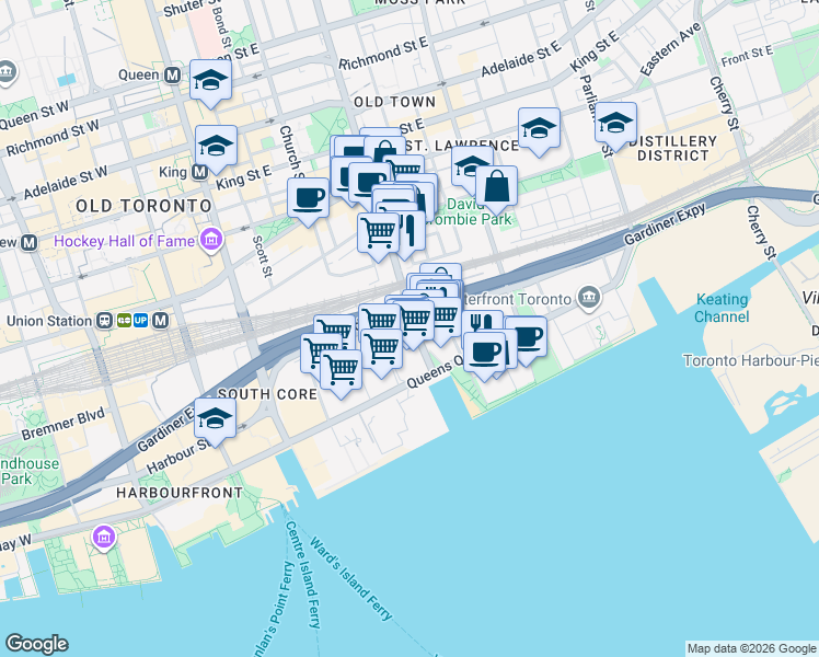 map of restaurants, bars, coffee shops, grocery stores, and more near 15 Lower Jarvis Street in Toronto