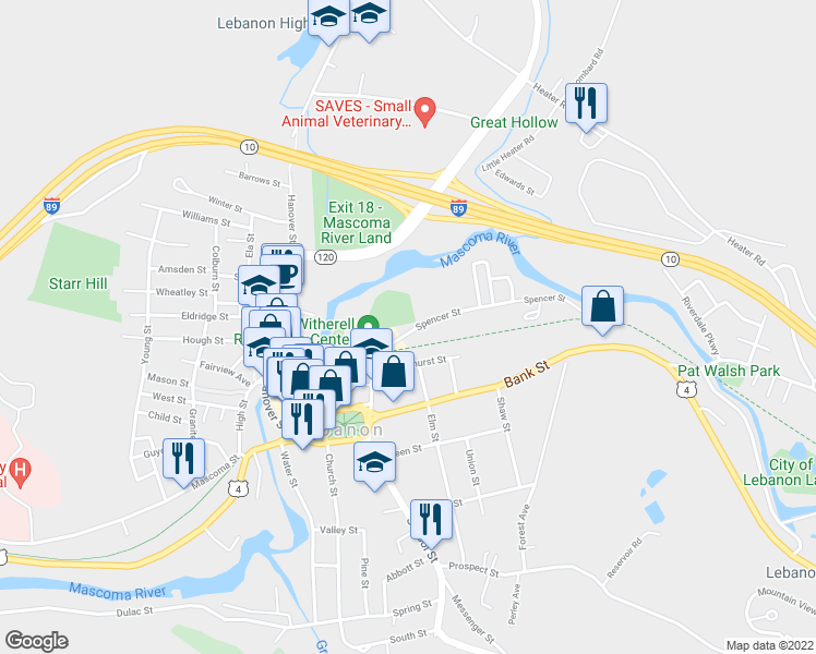 map of restaurants, bars, coffee shops, grocery stores, and more near 11 Spencer Street in Lebanon