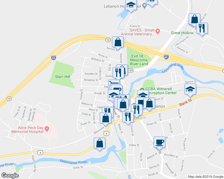 map of restaurants, bars, coffee shops, grocery stores, and more near 15 Eldridge Street in Lebanon