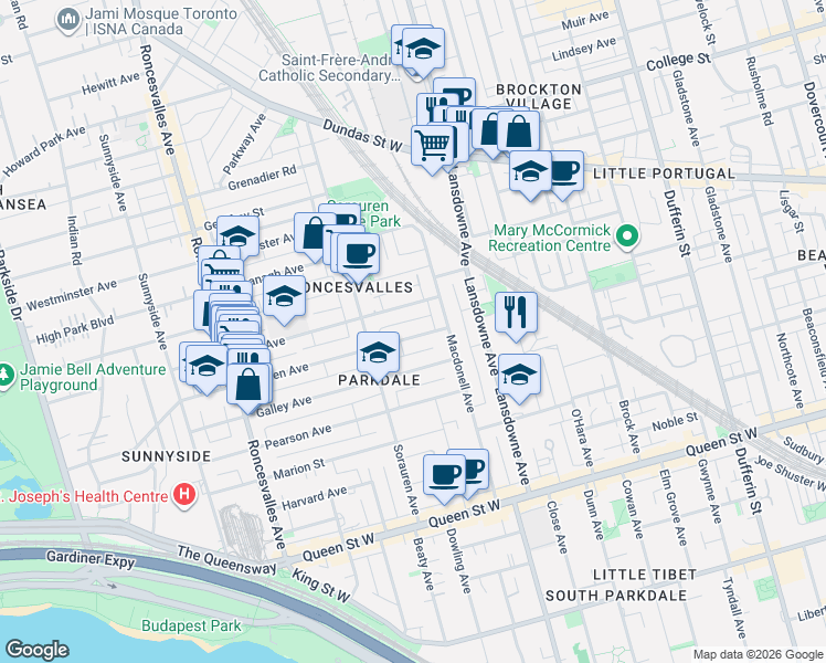 map of restaurants, bars, coffee shops, grocery stores, and more near in Toronto
