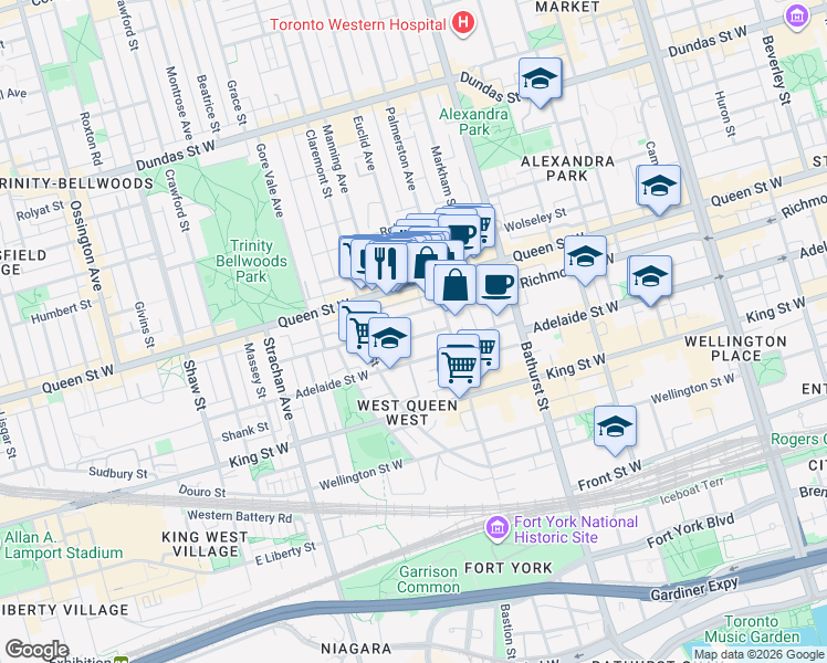 map of restaurants, bars, coffee shops, grocery stores, and more near 36 Mitchell Avenue in Toronto