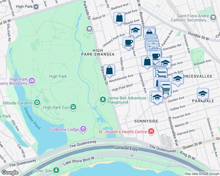 map of restaurants, bars, coffee shops, grocery stores, and more near 62 High Park Boulevard in Toronto