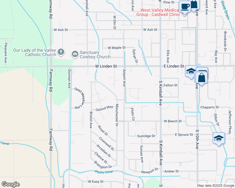 map of restaurants, bars, coffee shops, grocery stores, and more near 2721 Manchester Drive in Caldwell
