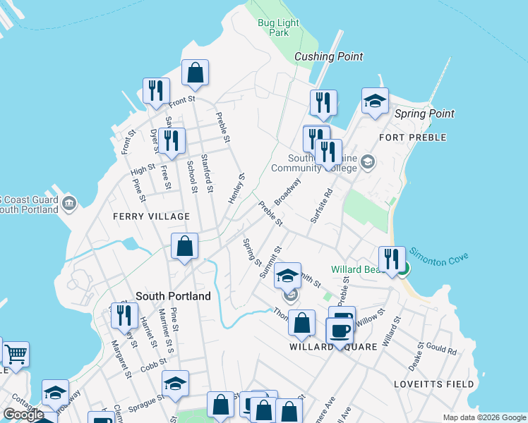 map of restaurants, bars, coffee shops, grocery stores, and more near 137 Preble Street in South Portland