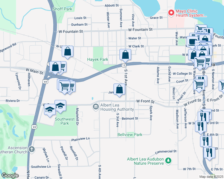 map of restaurants, bars, coffee shops, grocery stores, and more near 1102 Janson Street in Albert Lea