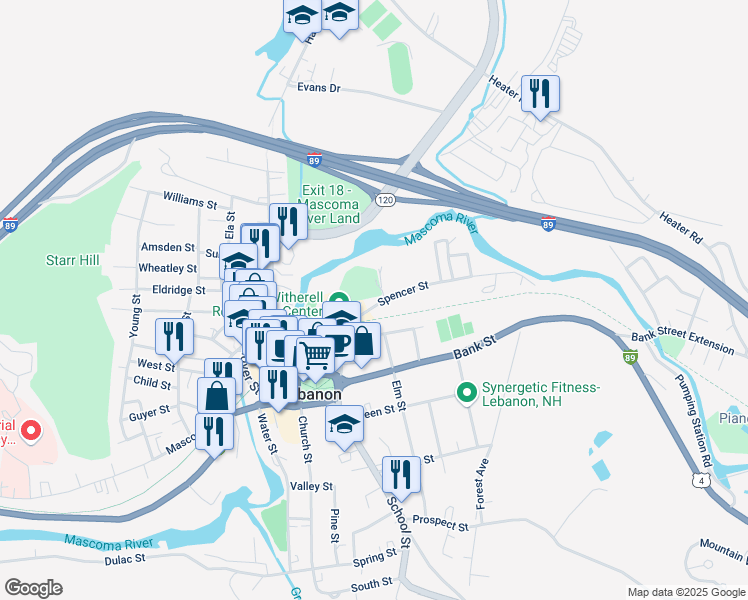 map of restaurants, bars, coffee shops, grocery stores, and more near 11 Spencer Street in Lebanon