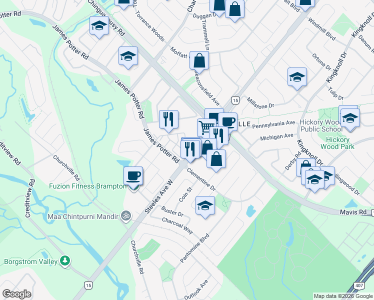 map of restaurants, bars, coffee shops, grocery stores, and more near 45 October Place in Brampton