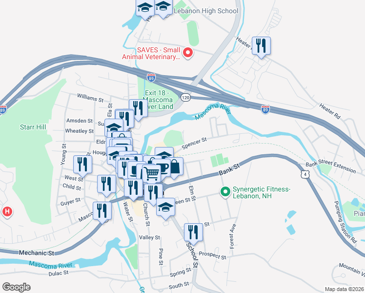 map of restaurants, bars, coffee shops, grocery stores, and more near 15 Spencer Street in Lebanon