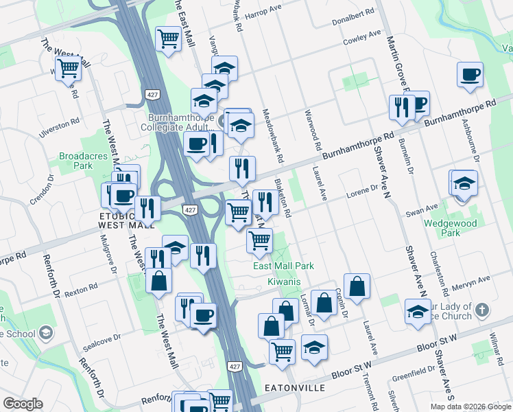 map of restaurants, bars, coffee shops, grocery stores, and more near 385 The East Mall in Toronto