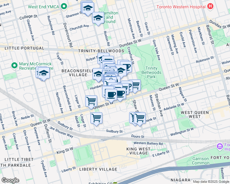 map of restaurants, bars, coffee shops, grocery stores, and more near 55 Ossington Avenue in Toronto