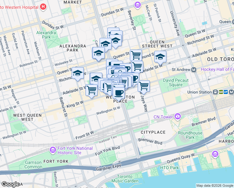 map of restaurants, bars, coffee shops, grocery stores, and more near 429 King Street West in Toronto