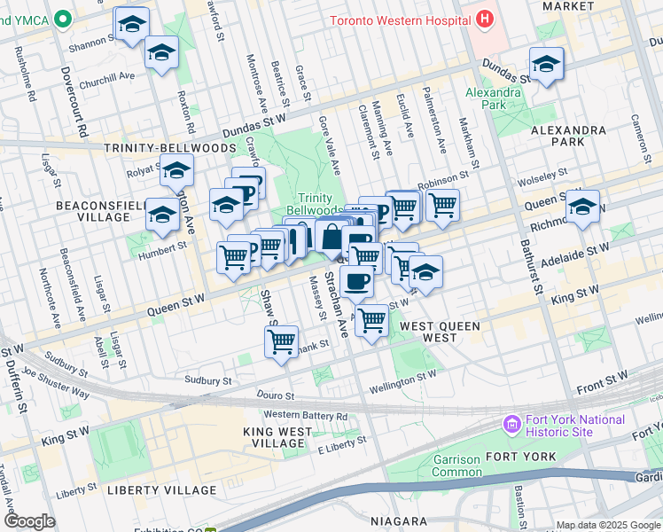map of restaurants, bars, coffee shops, grocery stores, and more near in Toronto