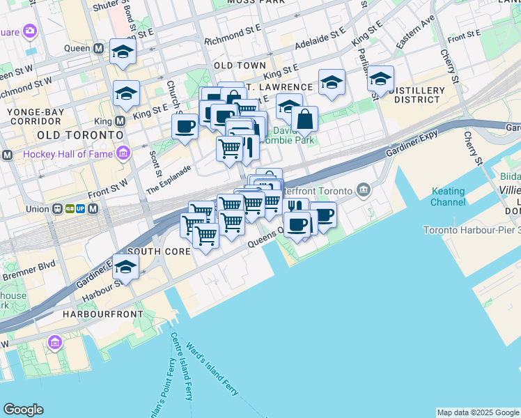 map of restaurants, bars, coffee shops, grocery stores, and more near 15 Lower Jarvis Street in Toronto