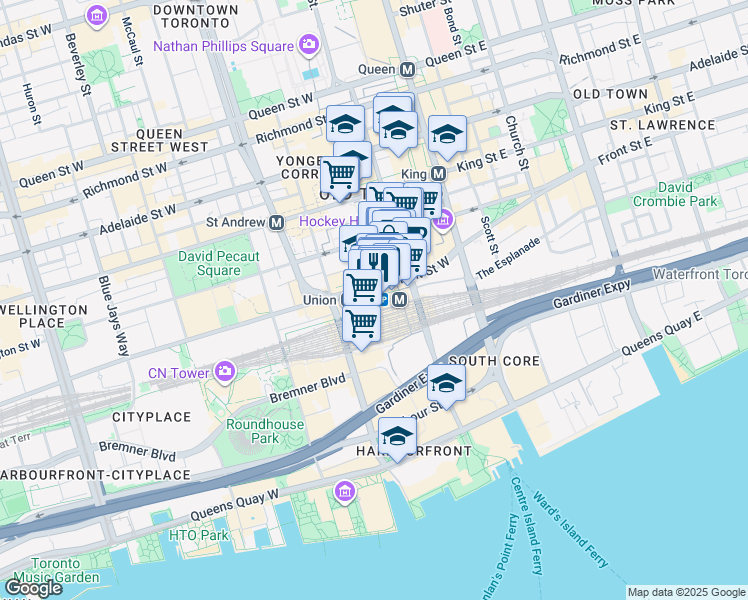map of restaurants, bars, coffee shops, grocery stores, and more near 55 Front Street West in Toronto