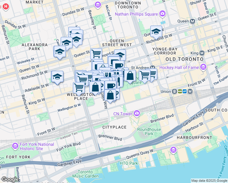 map of restaurants, bars, coffee shops, grocery stores, and more near 250 Wellington Street West in Toronto