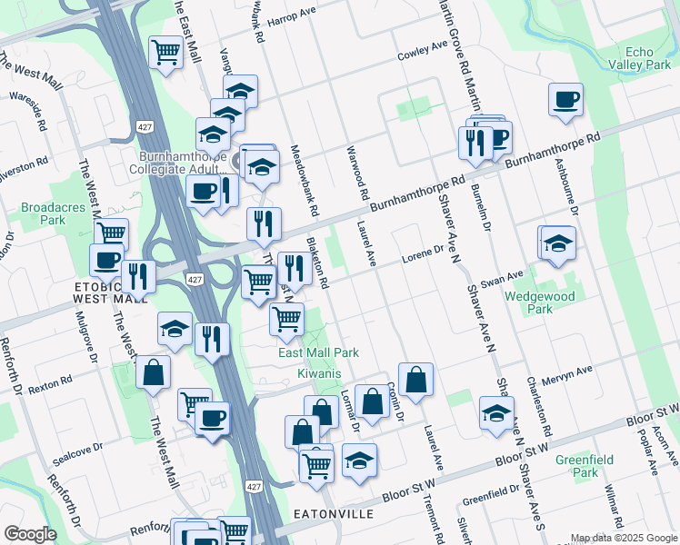 map of restaurants, bars, coffee shops, grocery stores, and more near 38 Lorene Drive in Toronto