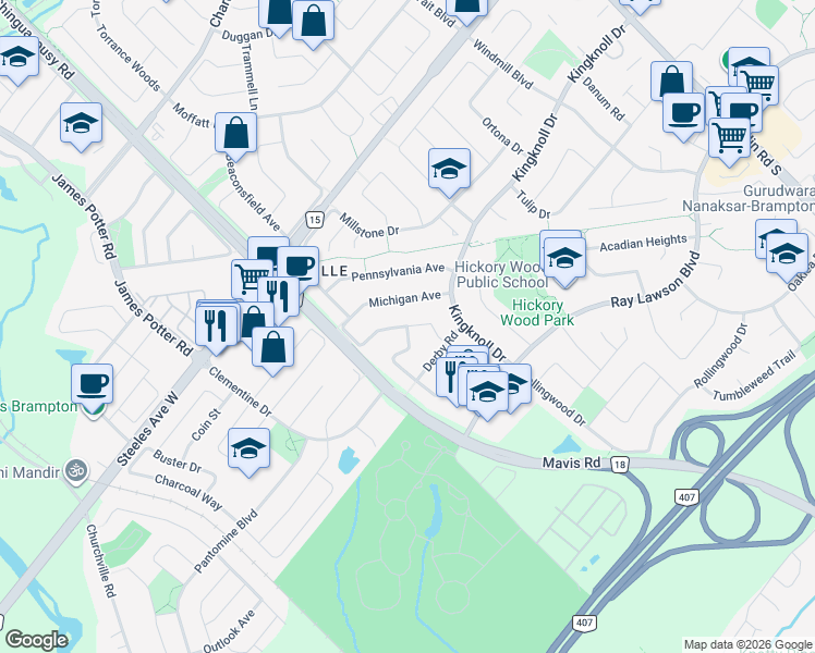 map of restaurants, bars, coffee shops, grocery stores, and more near Michigan Avenue in Brampton