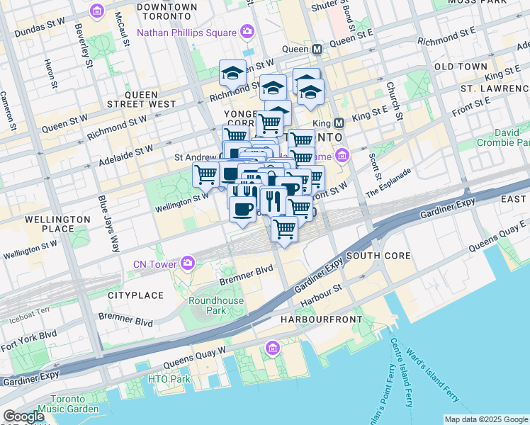 map of restaurants, bars, coffee shops, grocery stores, and more near 71 Front Street West in Toronto