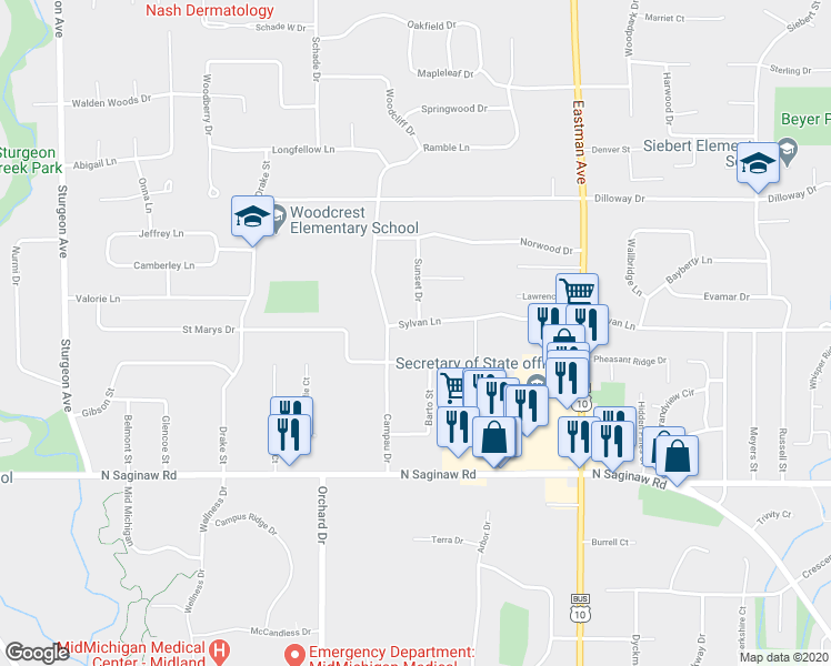 map of restaurants, bars, coffee shops, grocery stores, and more near 2201 Sylvan Lane in Midland