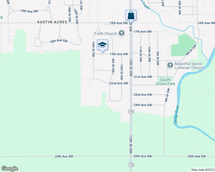 map of restaurants, bars, coffee shops, grocery stores, and more near 2301 14th Street Southwest in Austin