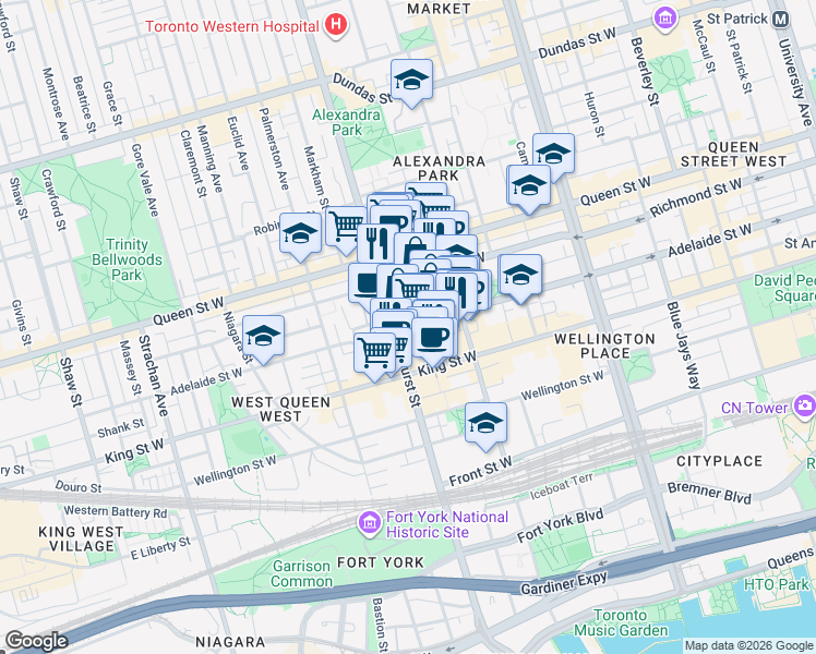 map of restaurants, bars, coffee shops, grocery stores, and more near 111 Bathurst Street in Toronto