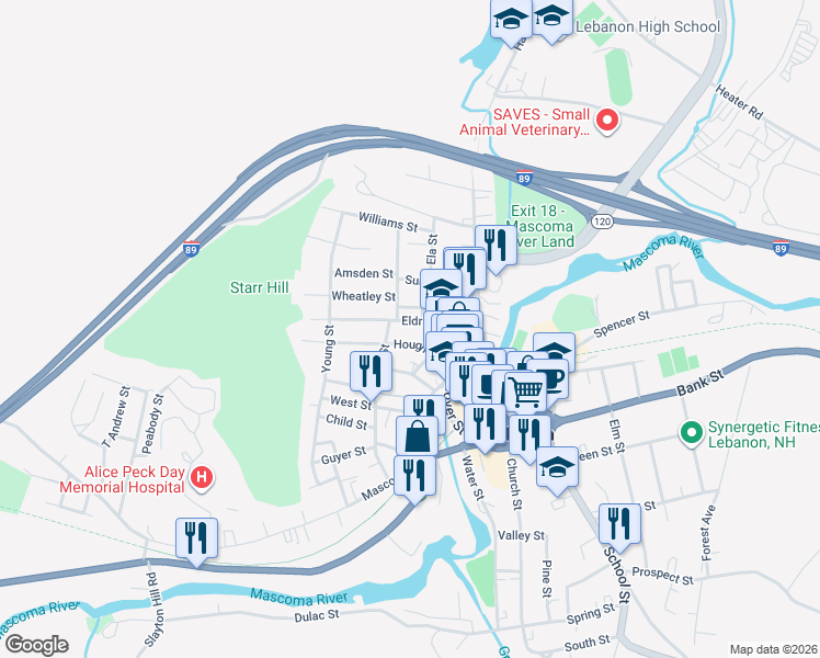 map of restaurants, bars, coffee shops, grocery stores, and more near 28 Eldridge Street in Lebanon