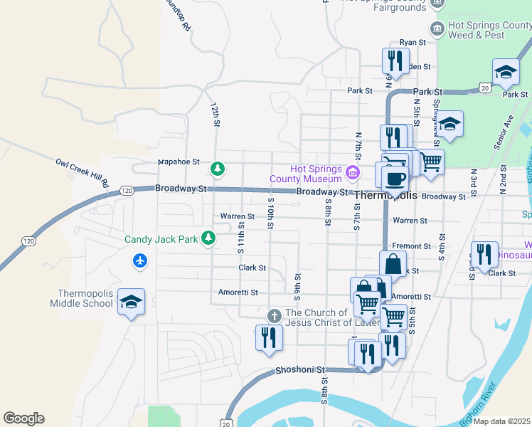 map of restaurants, bars, coffee shops, grocery stores, and more near 150 South 10th Street in Thermopolis