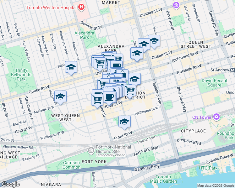 map of restaurants, bars, coffee shops, grocery stores, and more near 100 Portland Street in Toronto