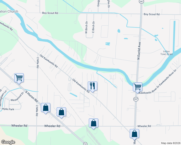 map of restaurants, bars, coffee shops, grocery stores, and more near 3365 Old Kawkawlin Road in Bay City
