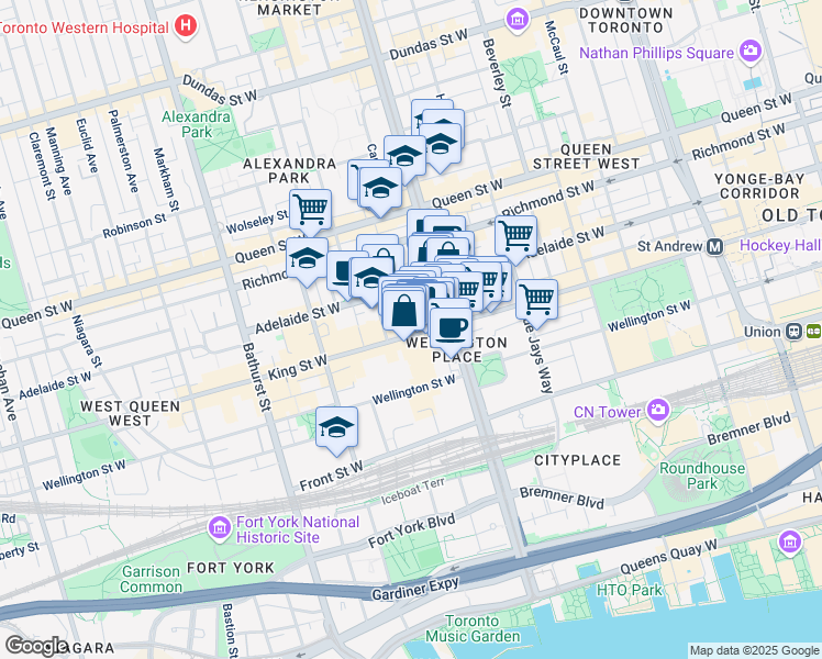 map of restaurants, bars, coffee shops, grocery stores, and more near 500 King Street West in Toronto