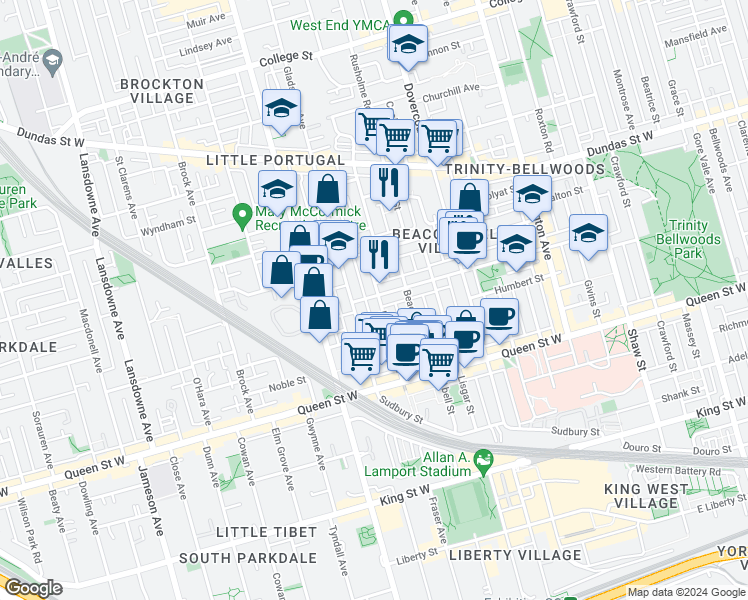 map of restaurants, bars, coffee shops, grocery stores, and more near 104 Northcote Avenue in Toronto