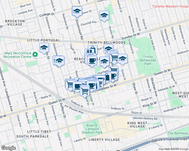 map of restaurants, bars, coffee shops, grocery stores, and more near 151 Dovercourt Road in Toronto
