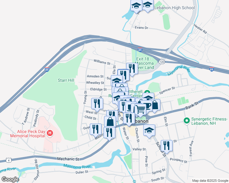 map of restaurants, bars, coffee shops, grocery stores, and more near 15 Eldridge Street in Lebanon