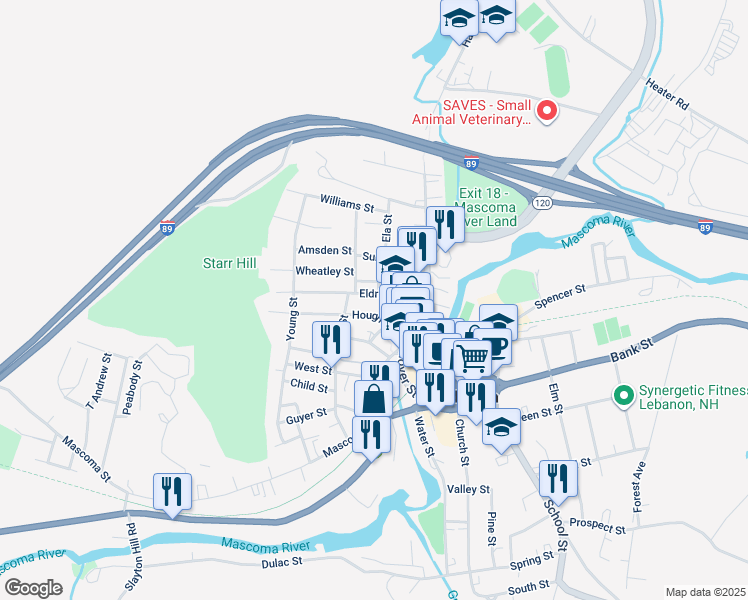 map of restaurants, bars, coffee shops, grocery stores, and more near 28 Eldridge Street in Lebanon