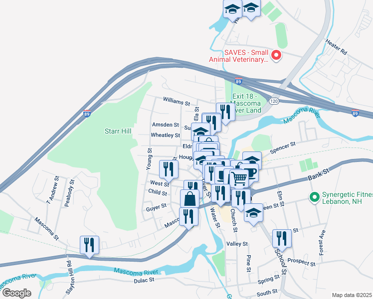 map of restaurants, bars, coffee shops, grocery stores, and more near 28 Eldridge Street in Lebanon
