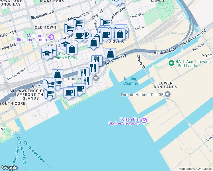 map of restaurants, bars, coffee shops, grocery stores, and more near in Toronto