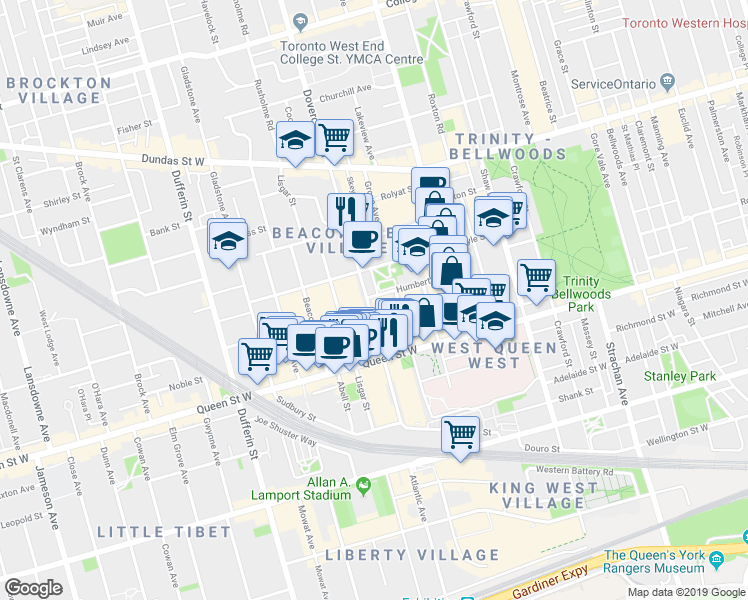 map of restaurants, bars, coffee shops, grocery stores, and more near in Toronto