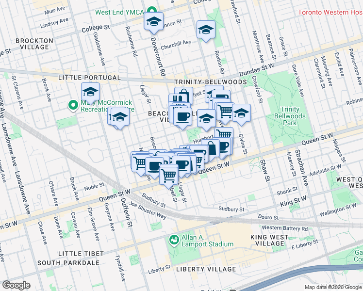 map of restaurants, bars, coffee shops, grocery stores, and more near in Toronto