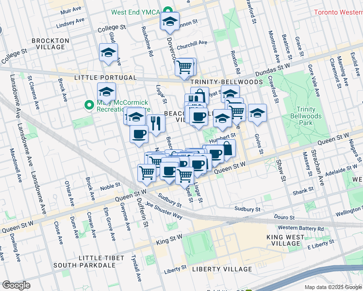 map of restaurants, bars, coffee shops, grocery stores, and more near in Toronto