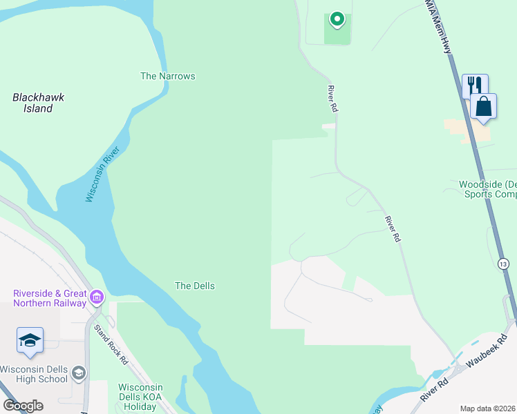 map of restaurants, bars, coffee shops, grocery stores, and more near 981-999 North Grouse Lane in Wisconsin Dells