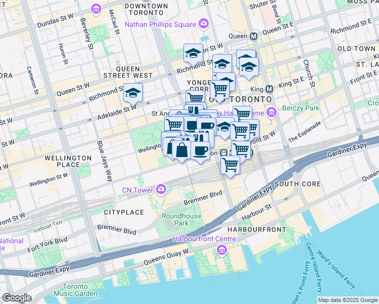 map of restaurants, bars, coffee shops, grocery stores, and more near 160 Front Street West in Toronto