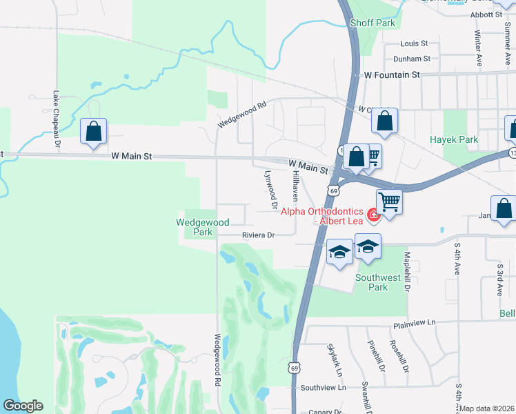 map of restaurants, bars, coffee shops, grocery stores, and more near 1910 Bellview Lane in Albert Lea