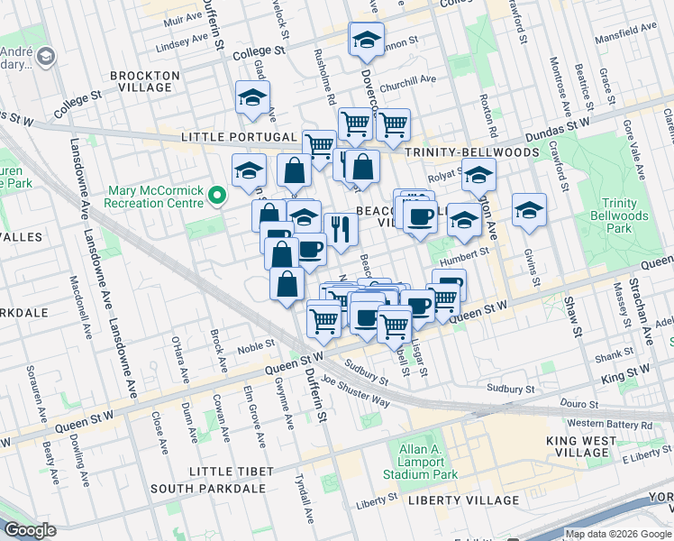 map of restaurants, bars, coffee shops, grocery stores, and more near 104 Northcote Avenue in Toronto
