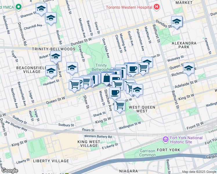 map of restaurants, bars, coffee shops, grocery stores, and more near 919 Queen Street West in Toronto