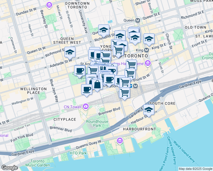 map of restaurants, bars, coffee shops, grocery stores, and more near 144 Front Street West in Toronto