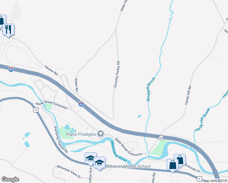 map of restaurants, bars, coffee shops, grocery stores, and more near 48 Dorothy Perley Road in Lebanon